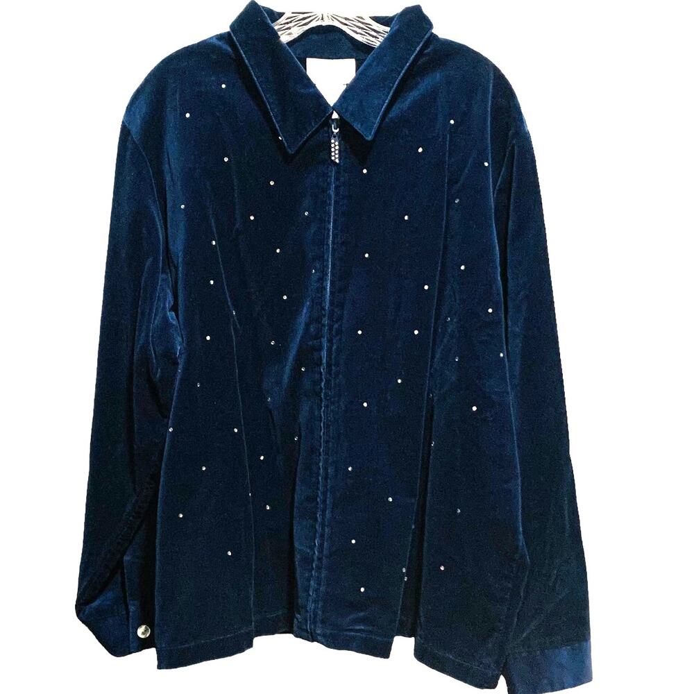 QUACKER FACTORY Sz 2X Blue Velvet Jacket Zip Front Rhinestone Studs 100% Cotton